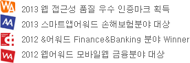 2013 À¥ Á¢±Ù¼º ǰÁú ¿ì¼ö ÀÎÁõ¸¶Å© ȹµæ, 2013 ½º¸¶Æ®¾Û¾î¿öµå ¼ÕÇØº¸ÇèºÐ¾ß ´ë»ó, 2012 &¾î¿öµå Finance&Banking ºÐ¾ß Winner, 2012 À¥¾î¿öµå ¸ð¹ÙÀÏÀ¥ ±ÝÀ¶ºÐ¾ß ´ë»ó