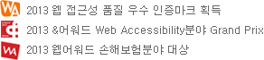 2013 À¥ Á¢±Ù¼º ǰÁú ¿ì¼ö ÀÎÁõ¸¶Å© ȹµæ, 2013 &¾î¿öµå Web AccessibilityºÐ¾ß Grand Prix, 2013 À¥¾î¿öµå ¼ÕÇØº¸ÇèºÐ¾ß ´ë»ó